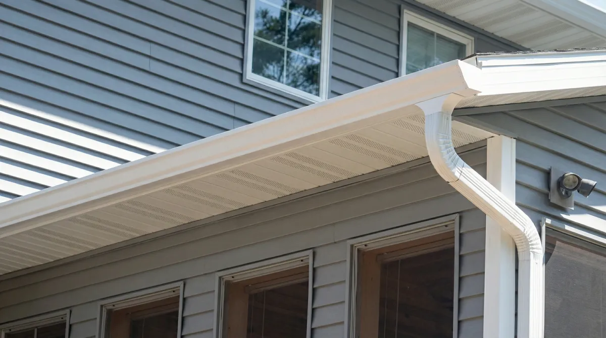 Professional home remodeling project showing newly installed white seamless gutters and downspouts on a house with gray siding in Marietta, GA