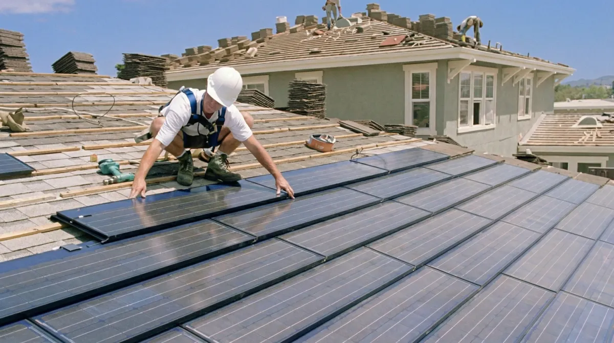 Roof replacement expert installing modern solar shingles on a residential home in Marietta, GA