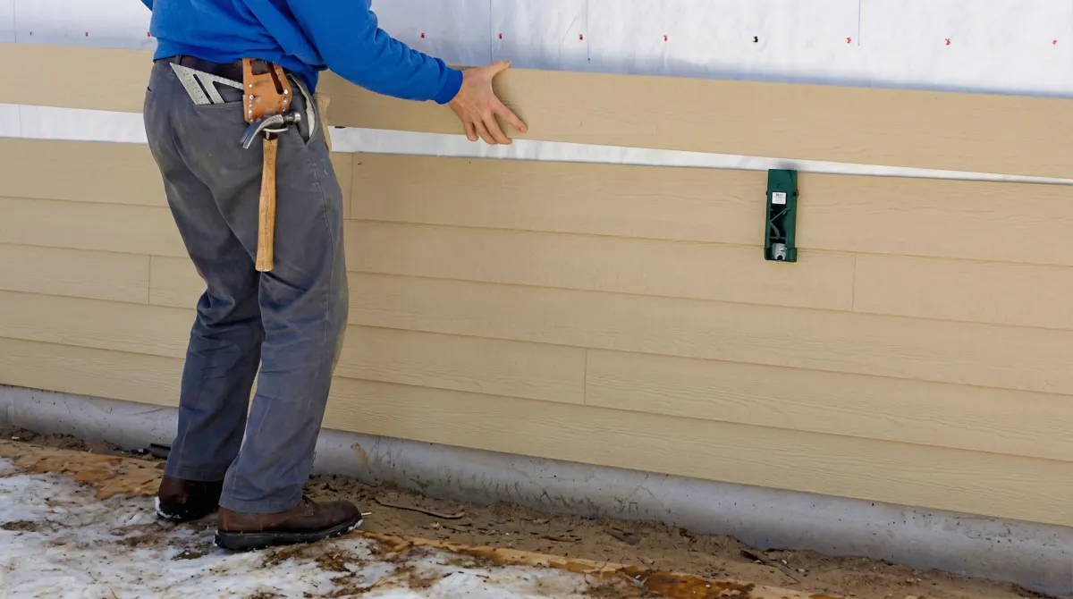 Siding replacement expert carefully aligning a new tan siding panel onto a residential exterior wall in Marietta, GA