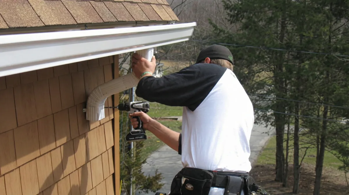 Professional contractor installing tan vinyl siding panels on a residential home exterior in Marietta, GA