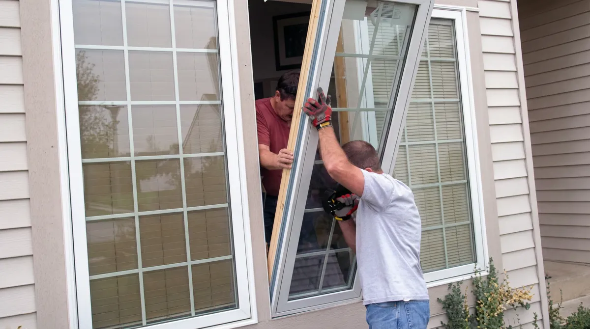 Professional home remodeling team installing a large replacement window on a house with tan siding in Marietta, GA